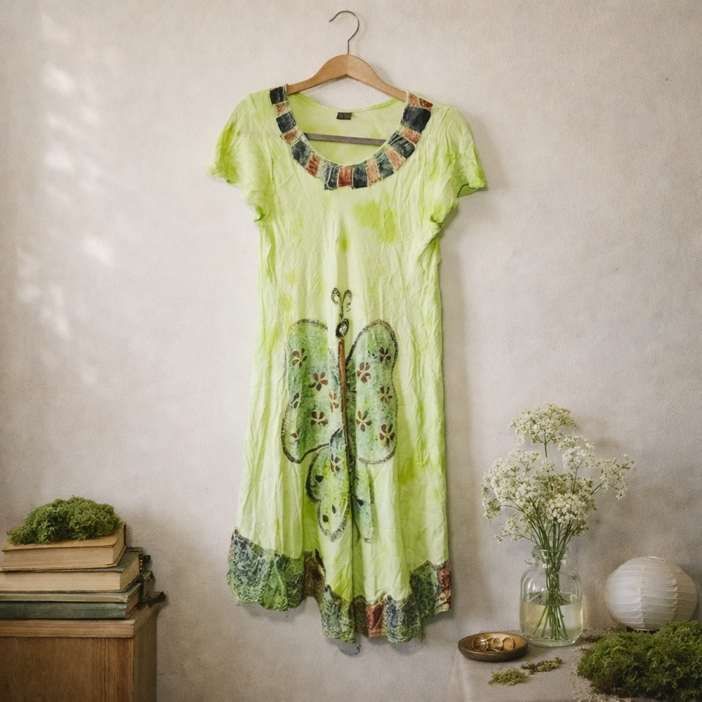 Boho Butterfly Embroidered Dress Size M Green Fairycore Sequin Embellished Midi